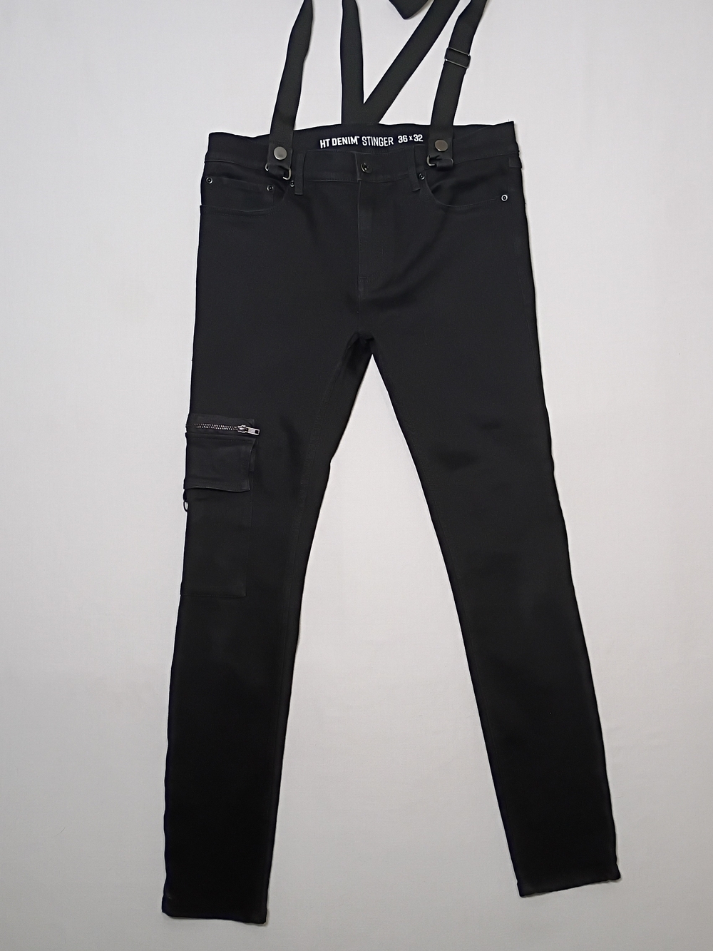 HT Denim Hot Topic Stinger Mens Skinny Jeans 36X32 Black Cargo Y2K Suspenders